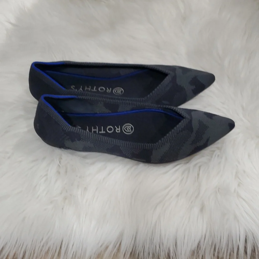 Rothy's The Point  Gray Camo  Flats with Sleek Pointed Toe and Blue Trim - Picture 15 of 16